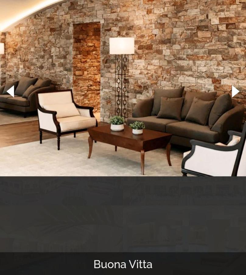 Buona Vitta Gramado Resort & Spa By Gramado Parks エクステリア 写真 The image shows a stylish living room setting. There are two sofas: one is a dark brown color, and the other is a cream color with dark wooden accents. In the center, there is a wooden coffee table with a smooth finish and decorative plants on top. T